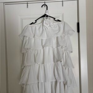 White Ruffled Off-Shoulder Rosette Dress